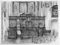 206463 Interieur van de Hervormde Kerk te Abcoude: dooptuin met de preekstoel en het koorhek.